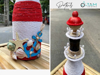 Ngọn hải đăng chai thuỷ tinh Handmade đính sò ốc [Thủ công - Sò ốc thật] C35cm CHAILO-HM-07